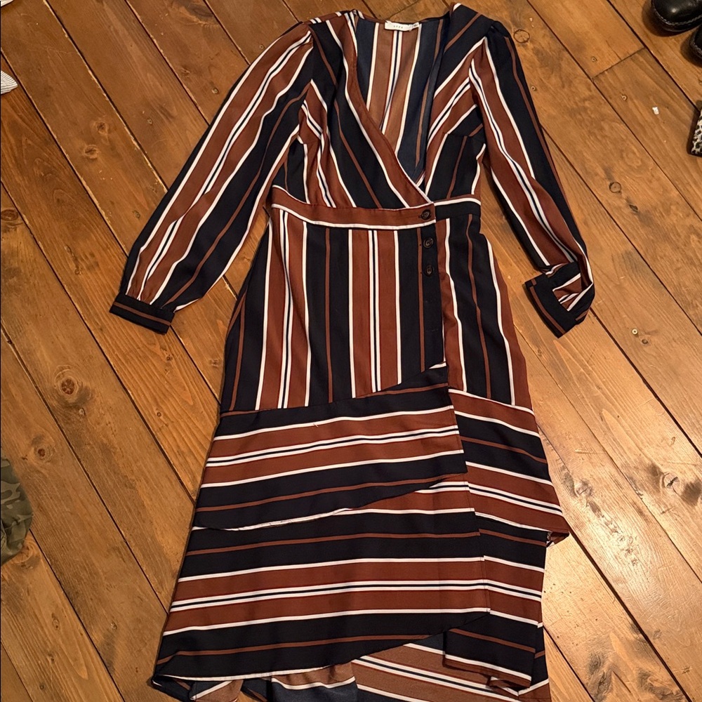 Lush Navy, Brown & White Striped Wrap Midi Dress